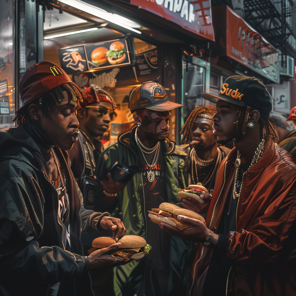 Group of hip hop artists outside Subway shop