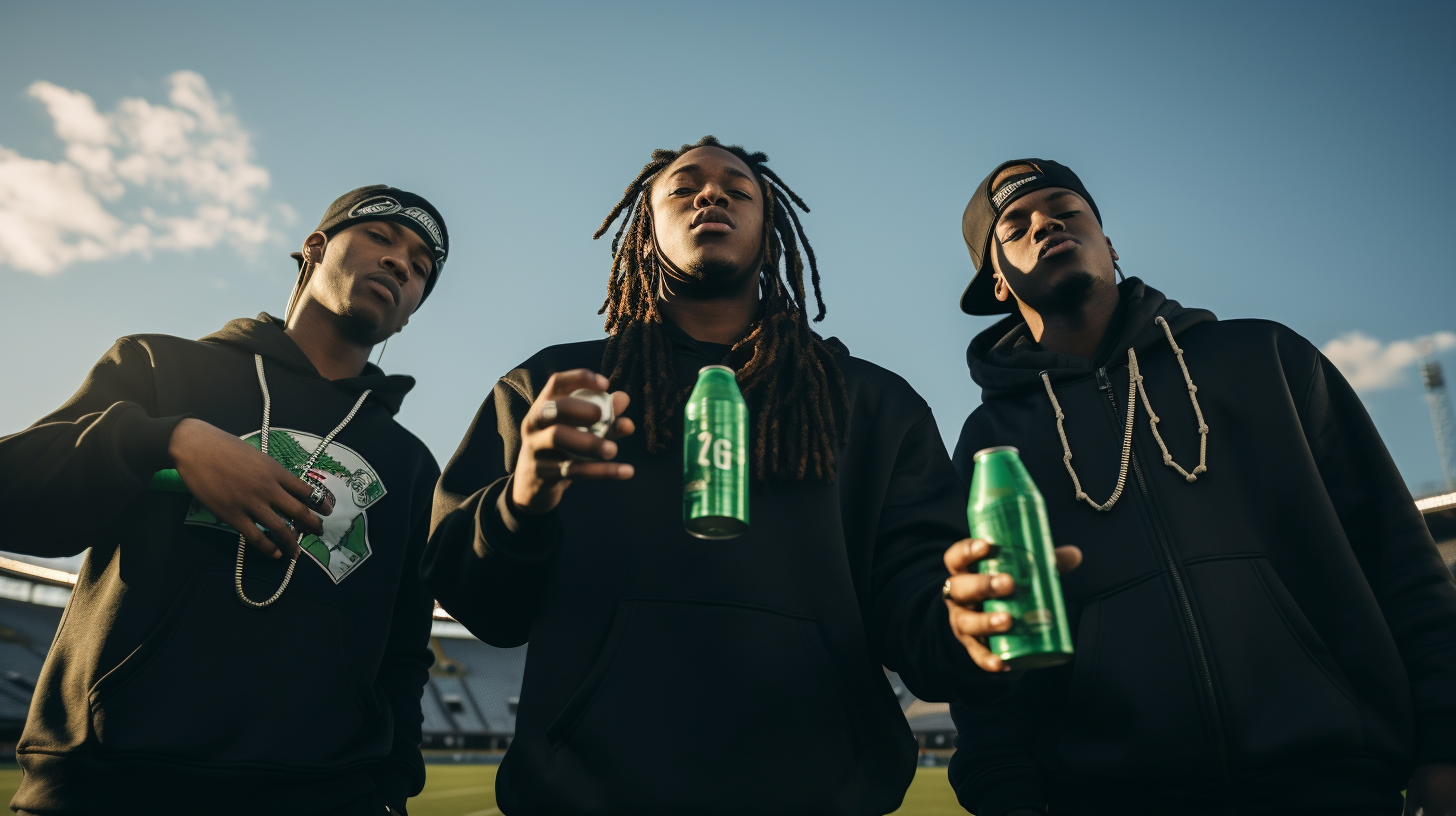 Three young hip hop singers on an American Football field