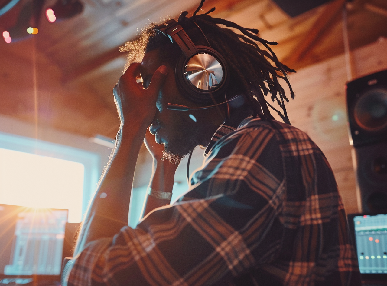 Hip young man with dreads producing music