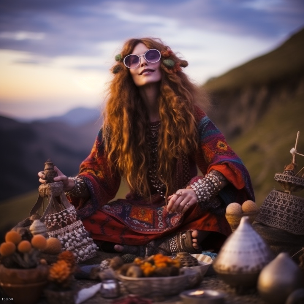 Outdoor photo of a peaceful hippie girl with mushrooms