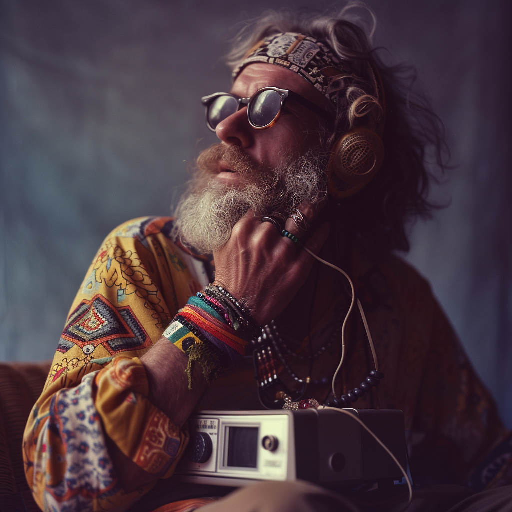 1960s hippie man music cassette player