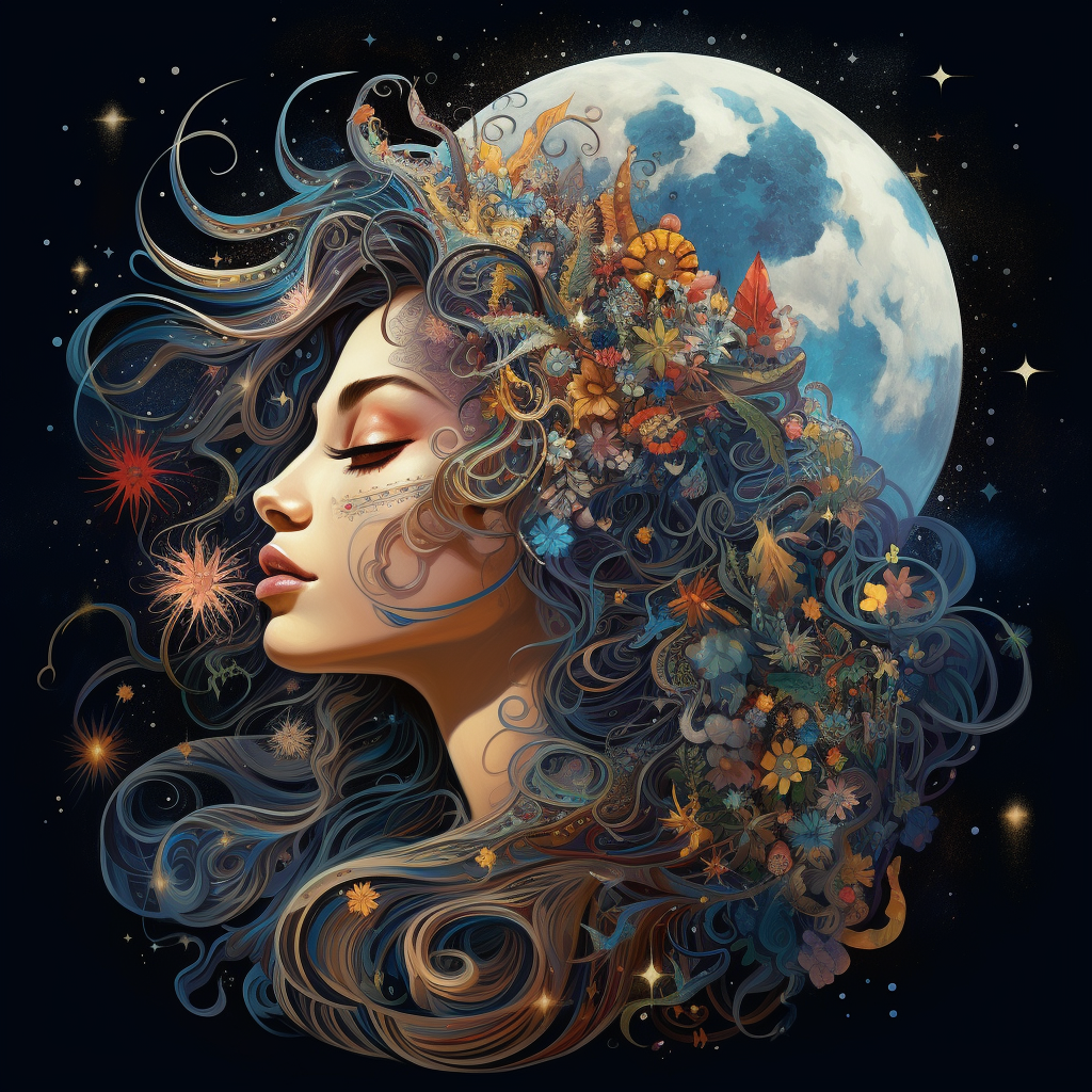 Beautiful hippie moon goddess embracing her inner spirit