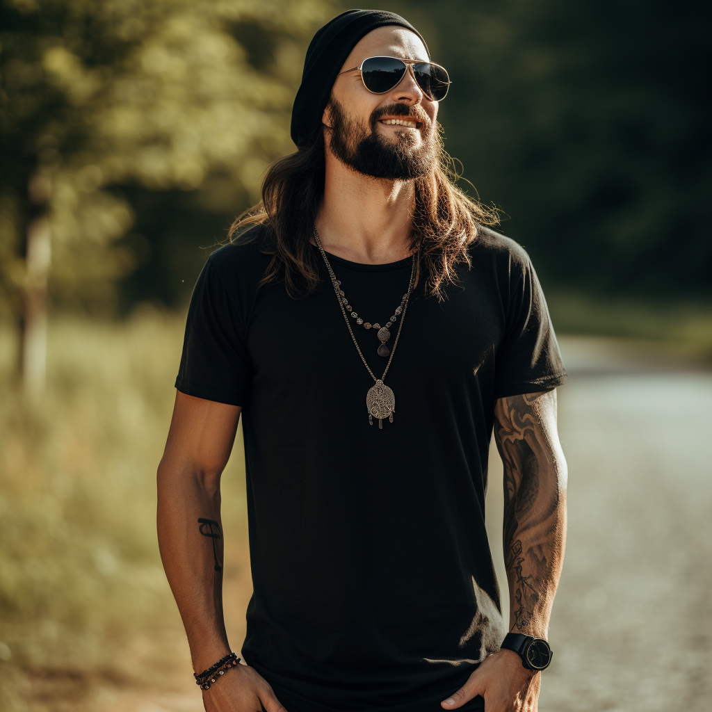 Hippie Style Man in Black T-Shirt