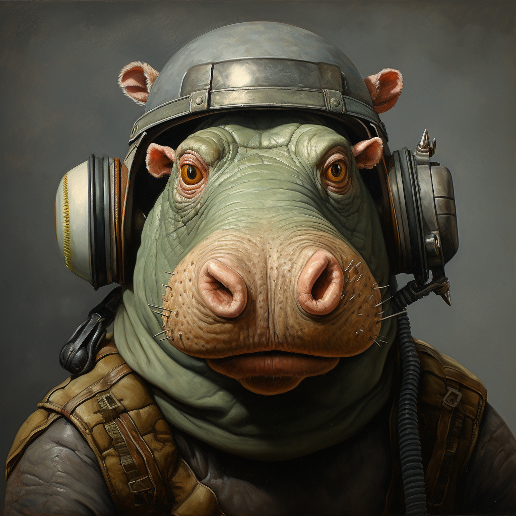 Hippo with chicken head wearing a helmet