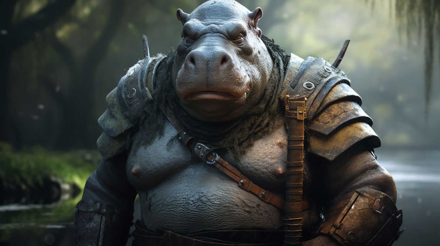 Hippo Person Paladin in Fantasy Scene