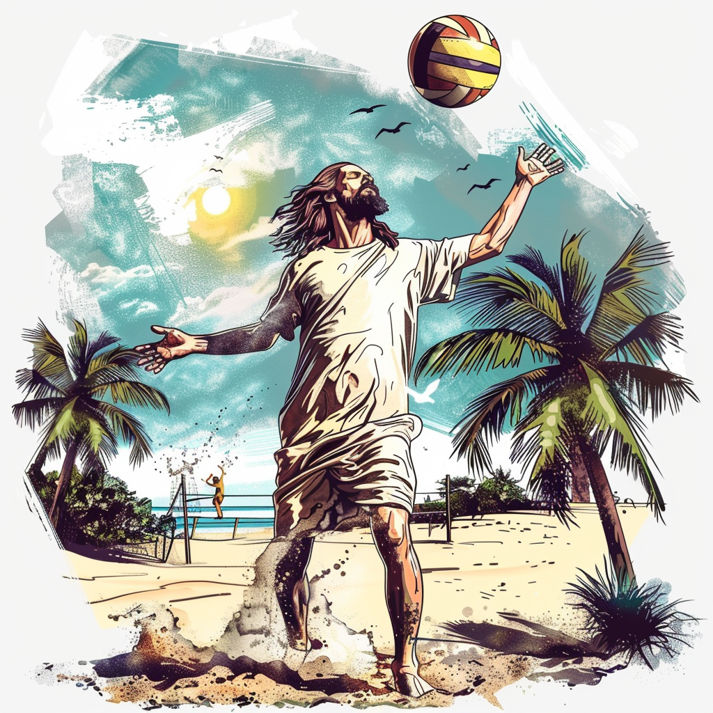 Hippy Jesus Playing Volleyball Beach