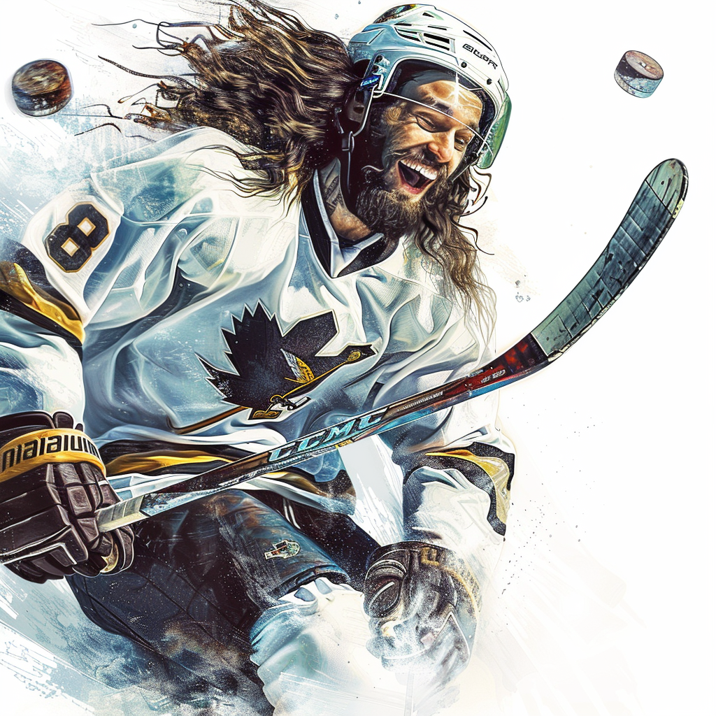 Jesus playing hockey with hippy style