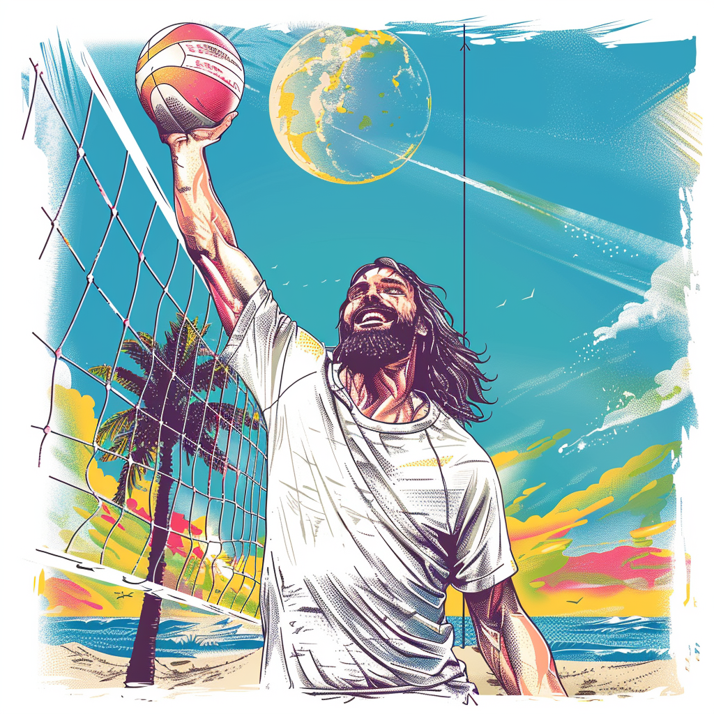 Hippy Jesus Spiking Volleyball Image