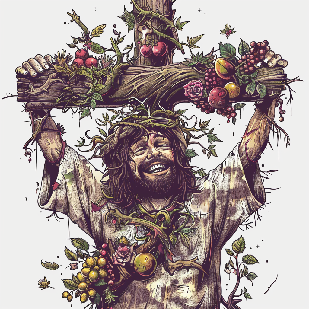 Hippy Jesus holding vine-wrapped cross