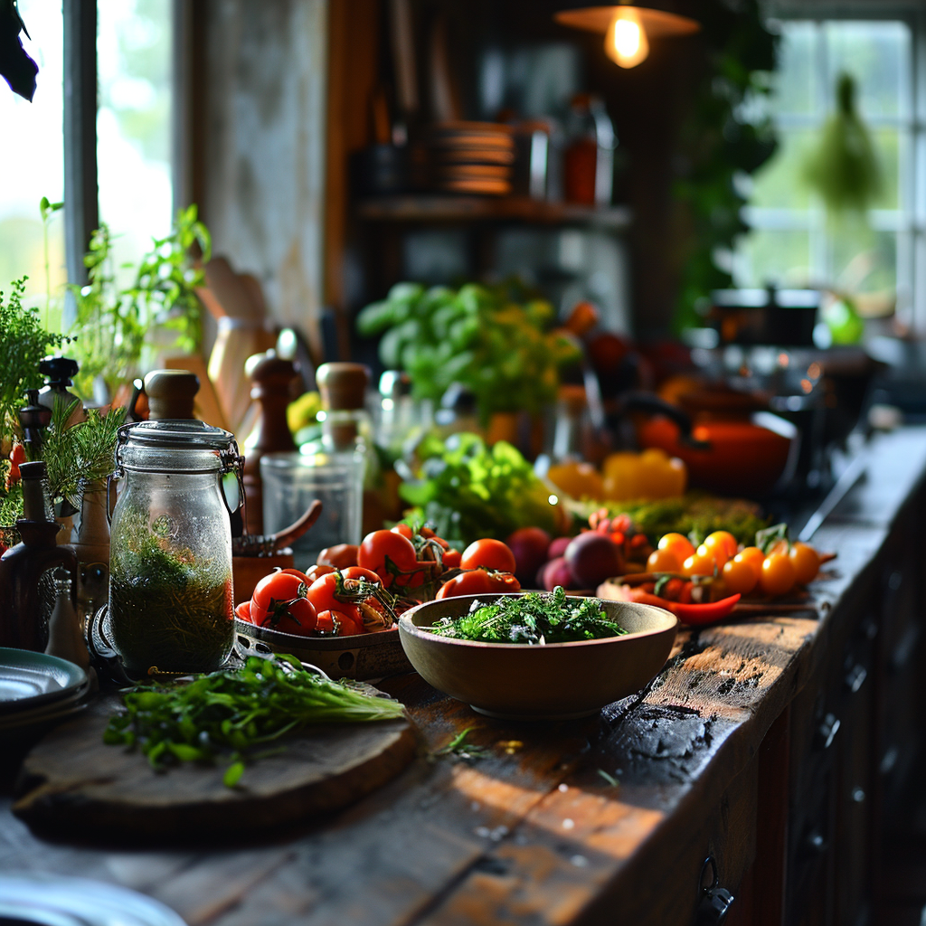 Hipster healthy cooking show set at island table