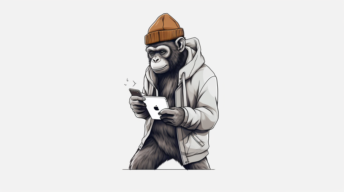 Hand drawn chimpanzee holding smartphone