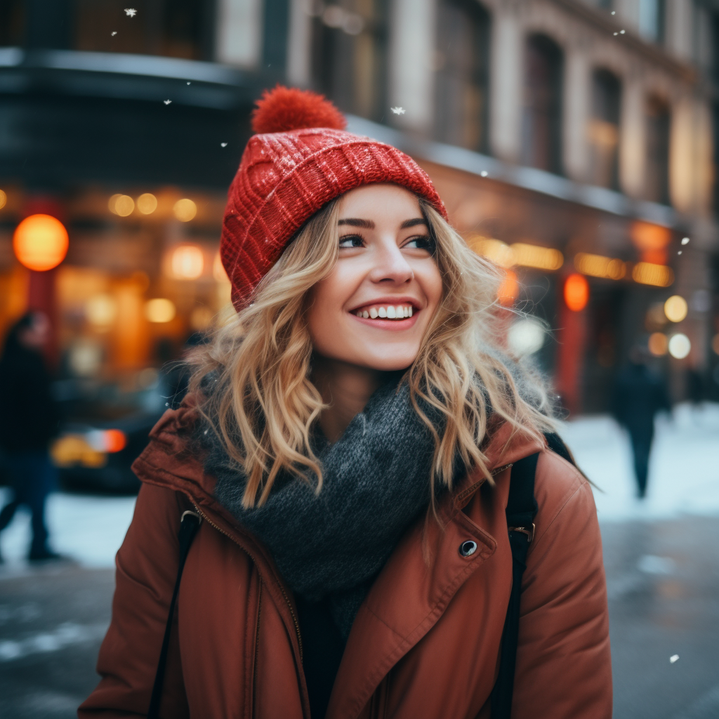 Smiling hipster woman in red winter jacket in the city