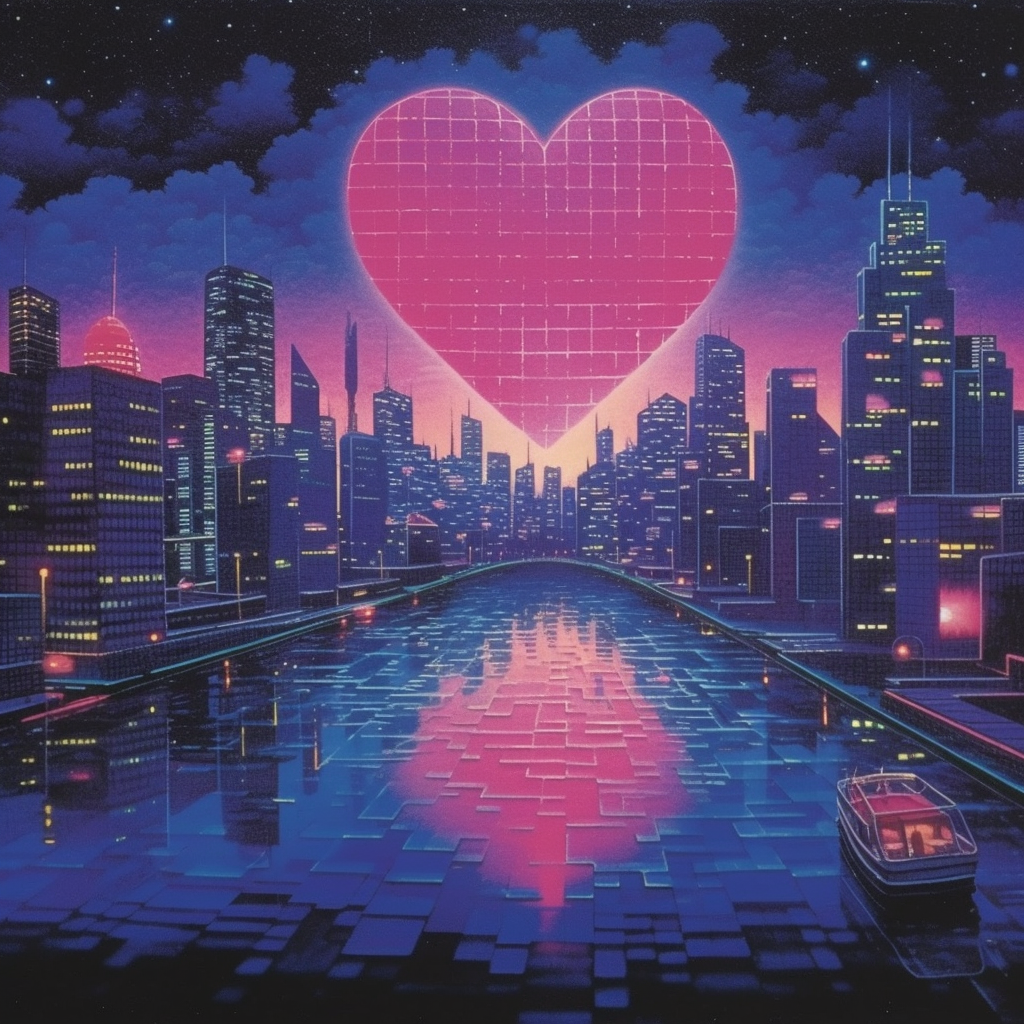 Dark cyberspace art print with pink heart