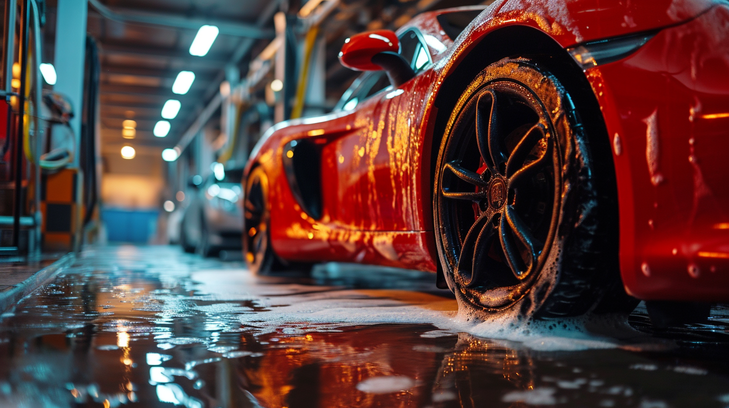 Hispanic attendants detailing car with soapy foam