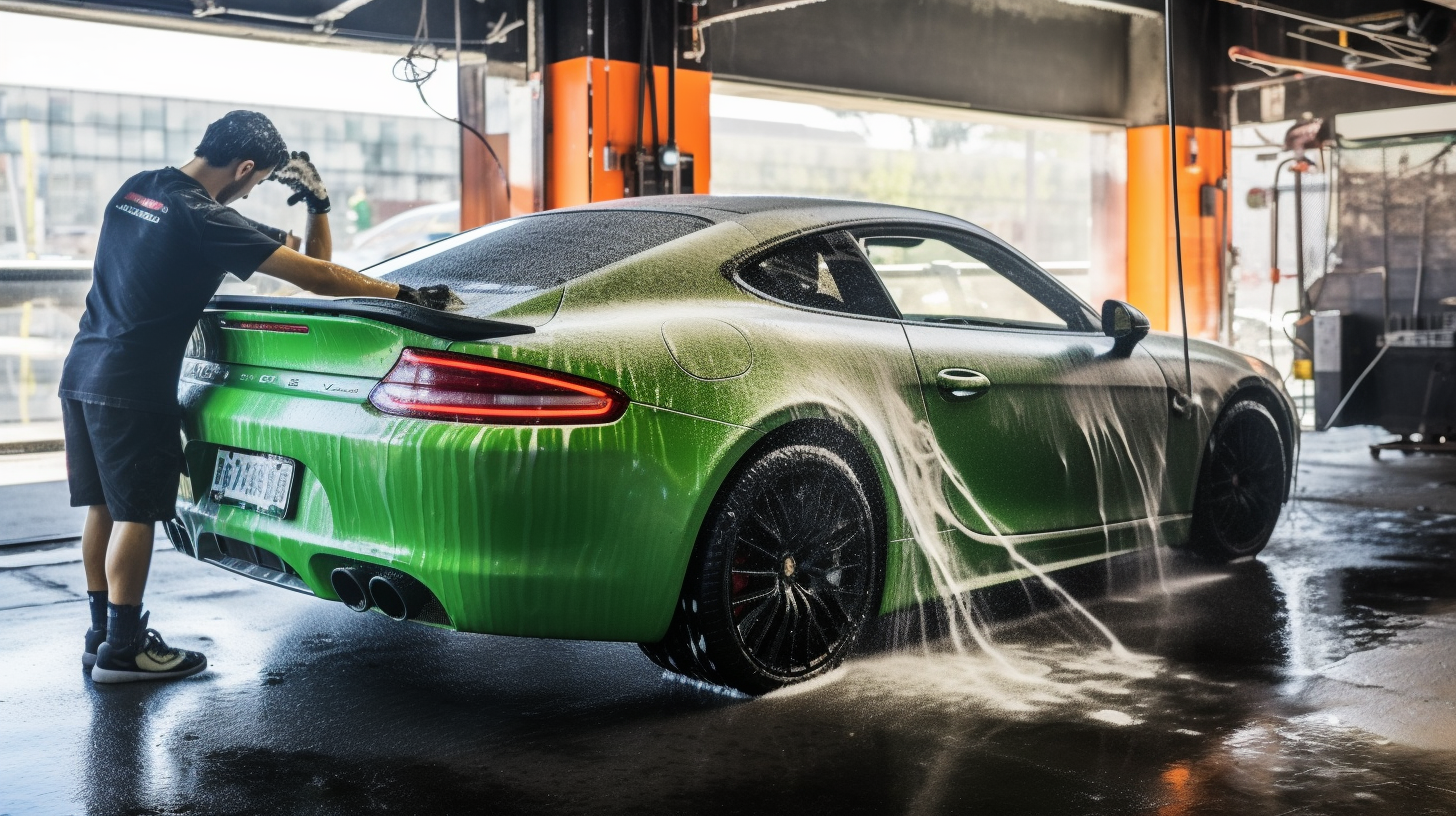 Hispanic Car Wash Attendants with Soapy Foam on Sports Car