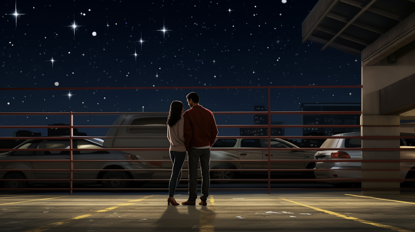 Hispanic couple embracing in city garage at night