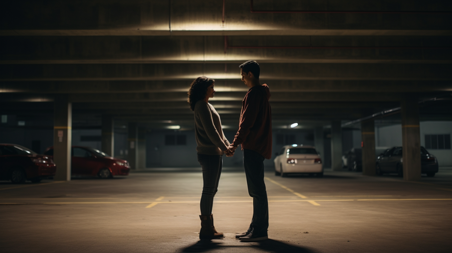 Hispanic couple in dimly lit city parking