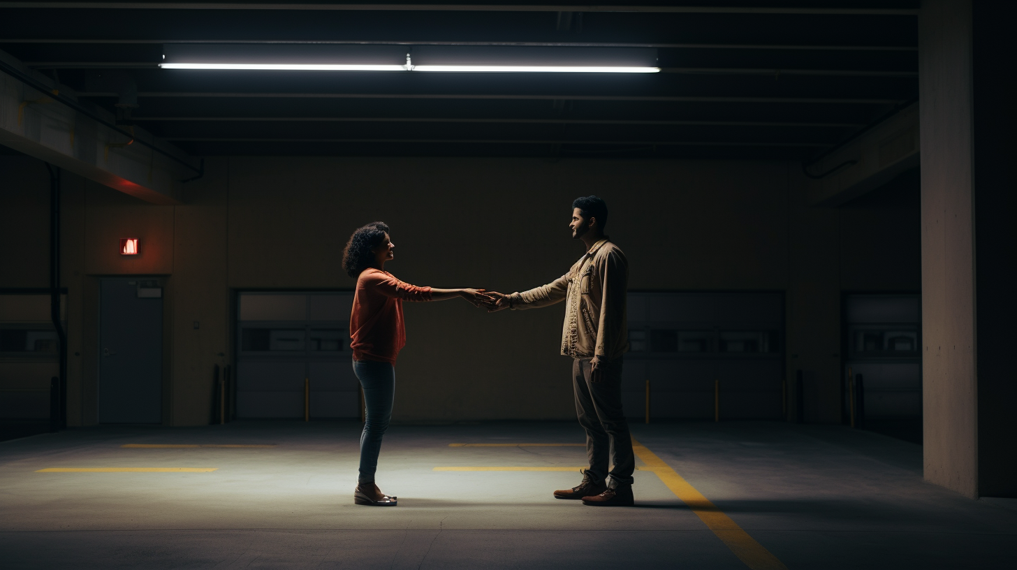 Hispanic couple transferring electricity with hands