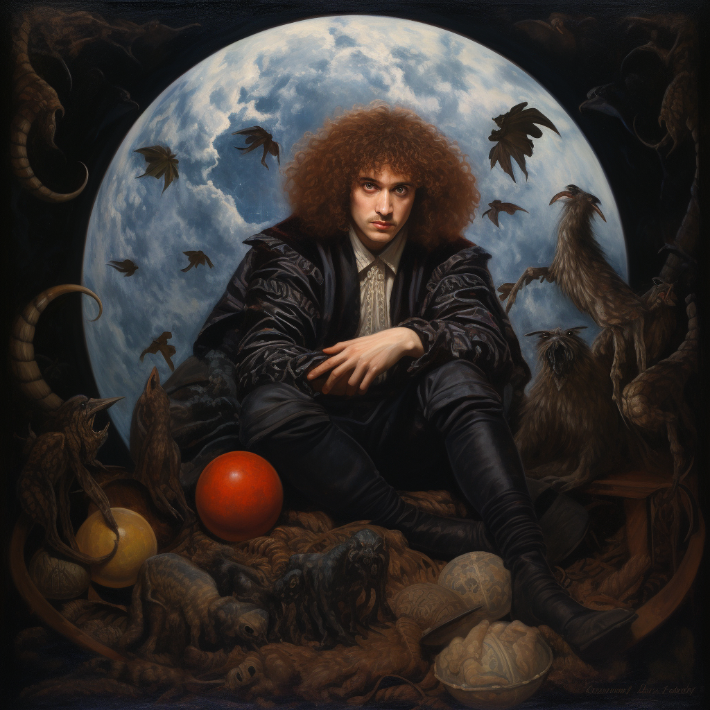 Pre-Raphaelite art of a Hispanic guy sitting on a crescent moon surrounded by tarantulas