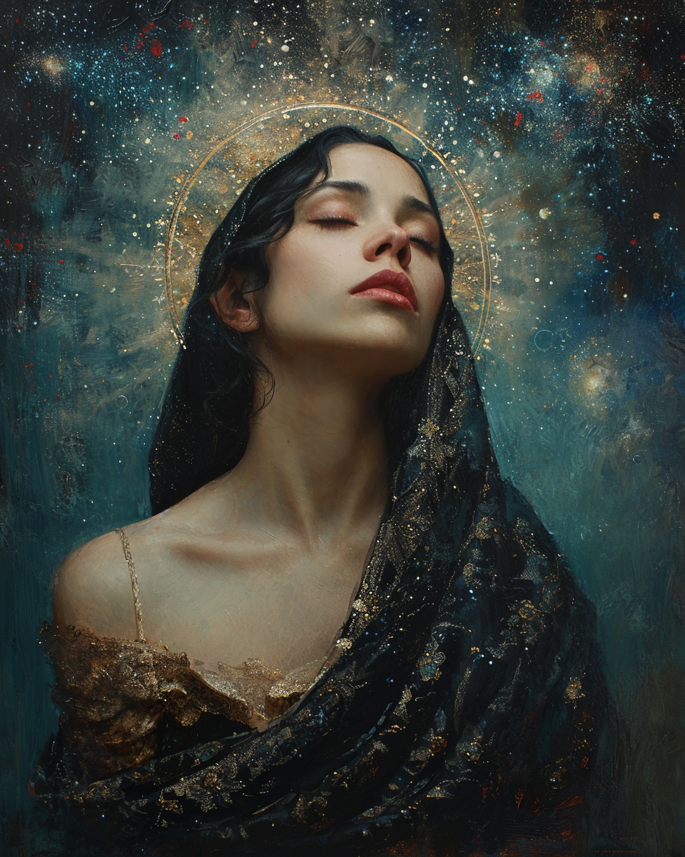 Hispanic Holy Mary with sparkly halo in Hyperrealism Art