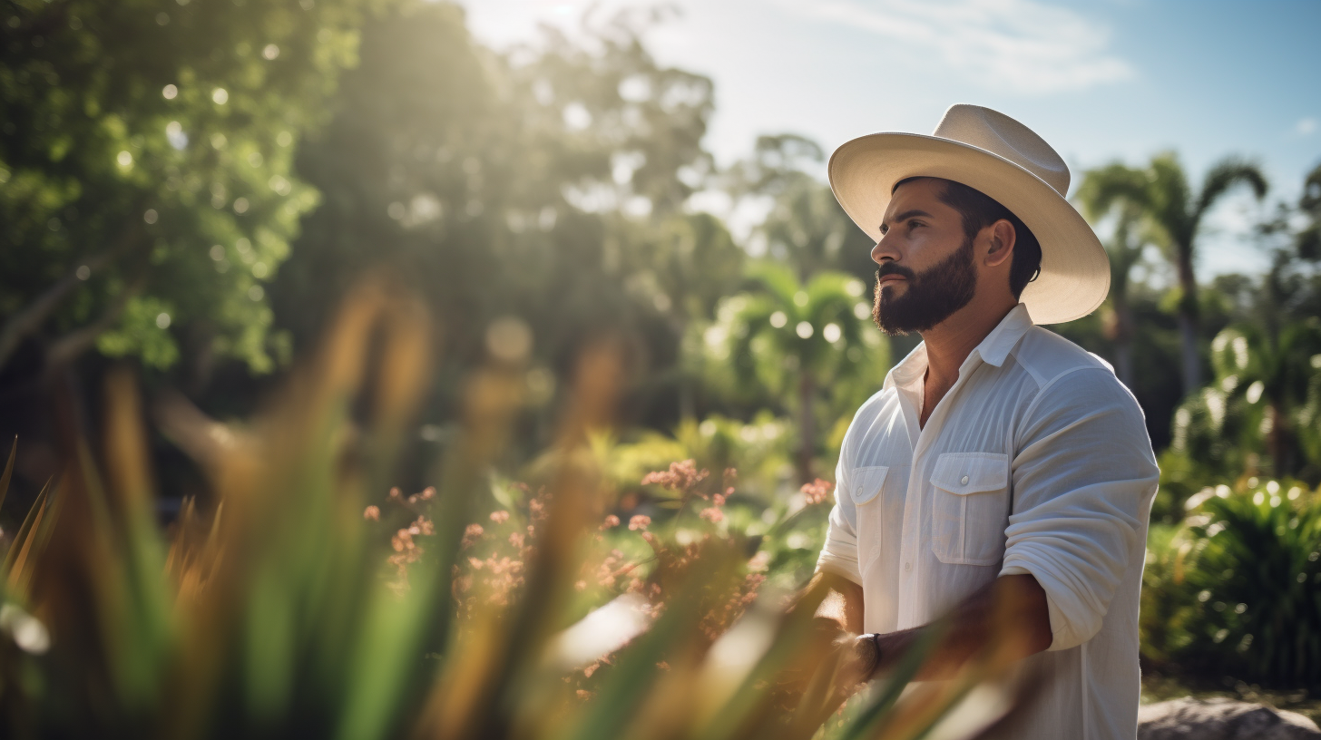 Hispanic male enjoying nature in the garden