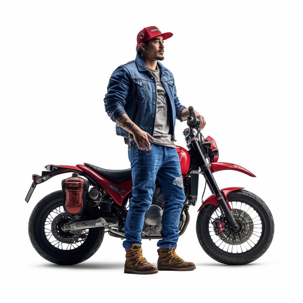 Hispanic man on motorcycle with denim jacket