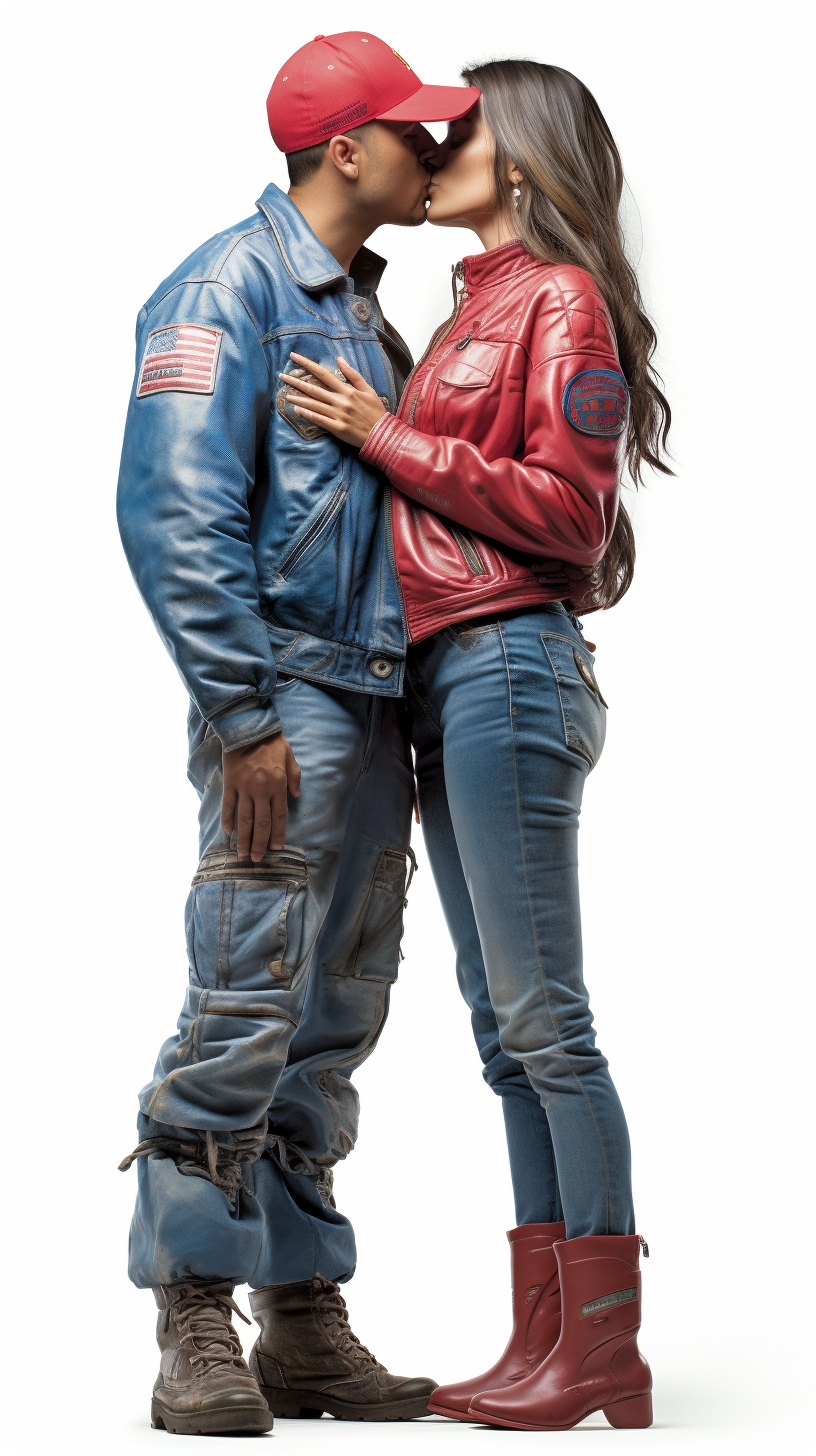 Hispanic man and woman kissing wearing denim jacket and helmet