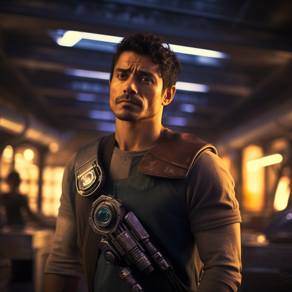 Hispanic space adventurer brooding in cinematic background