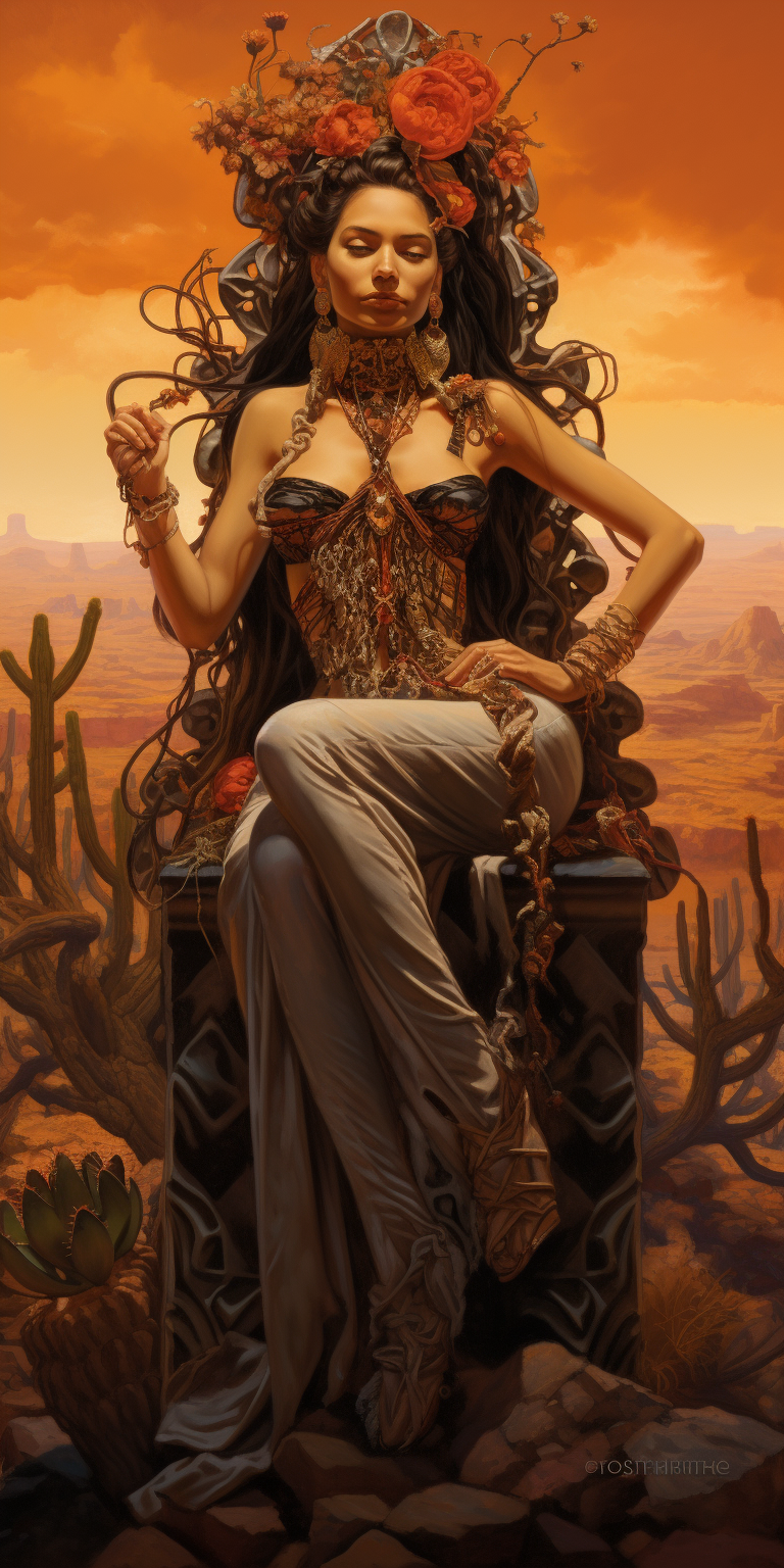 Beautiful hispanic woman on cholla cactus throne