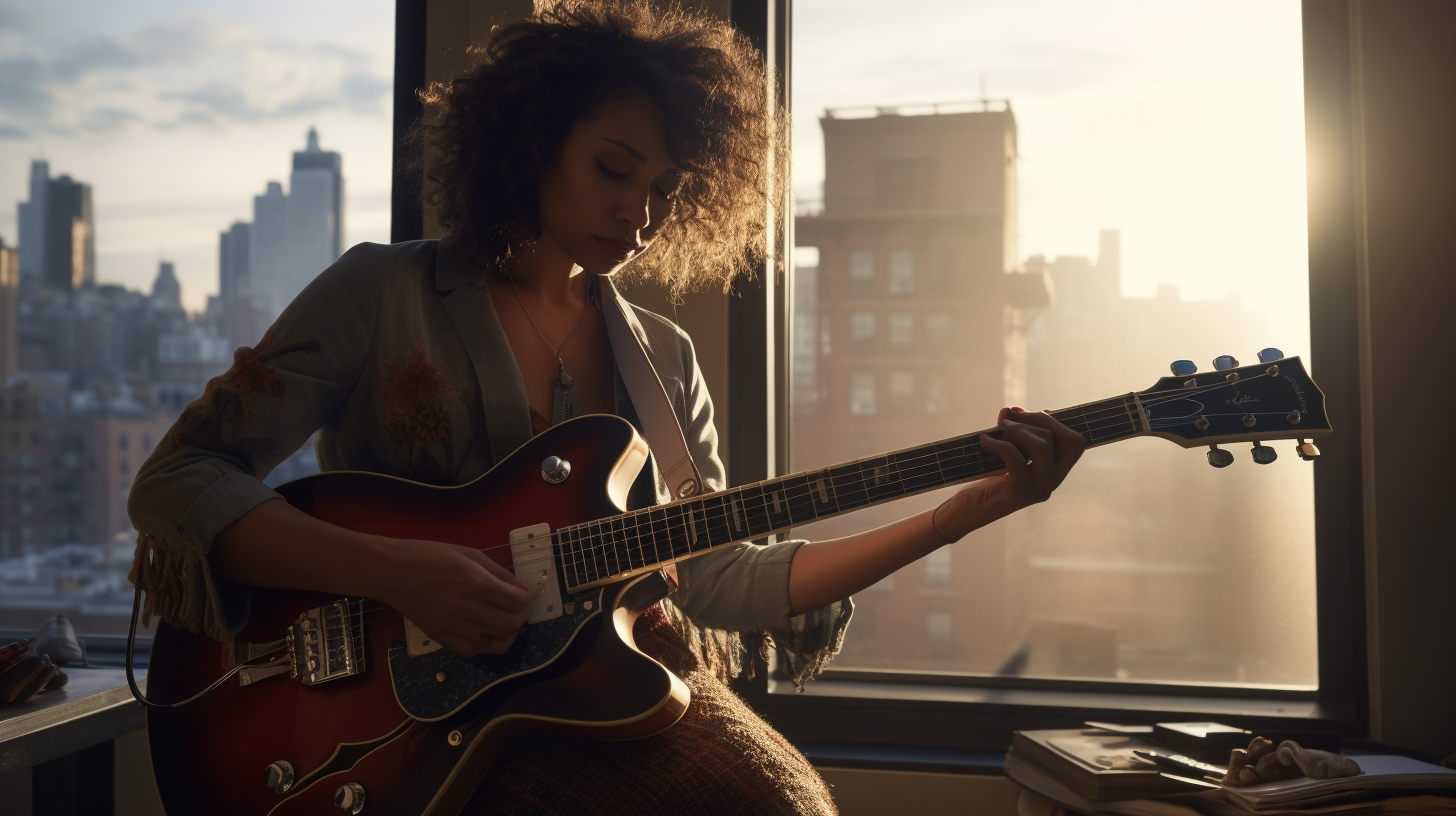 Hispanic woman playing electric guitar in NYC apartment