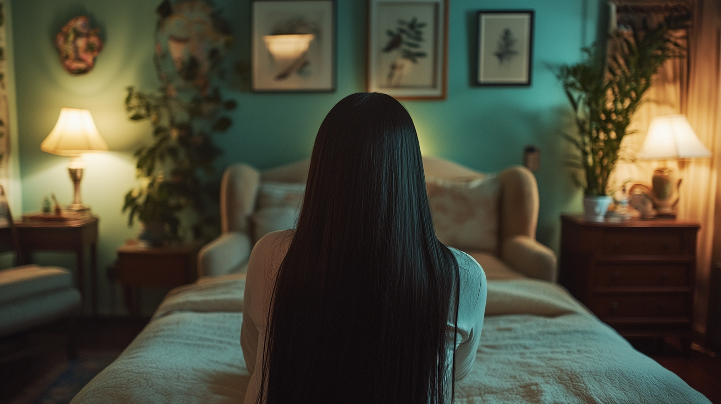 Hispanic woman in cozy bedroom