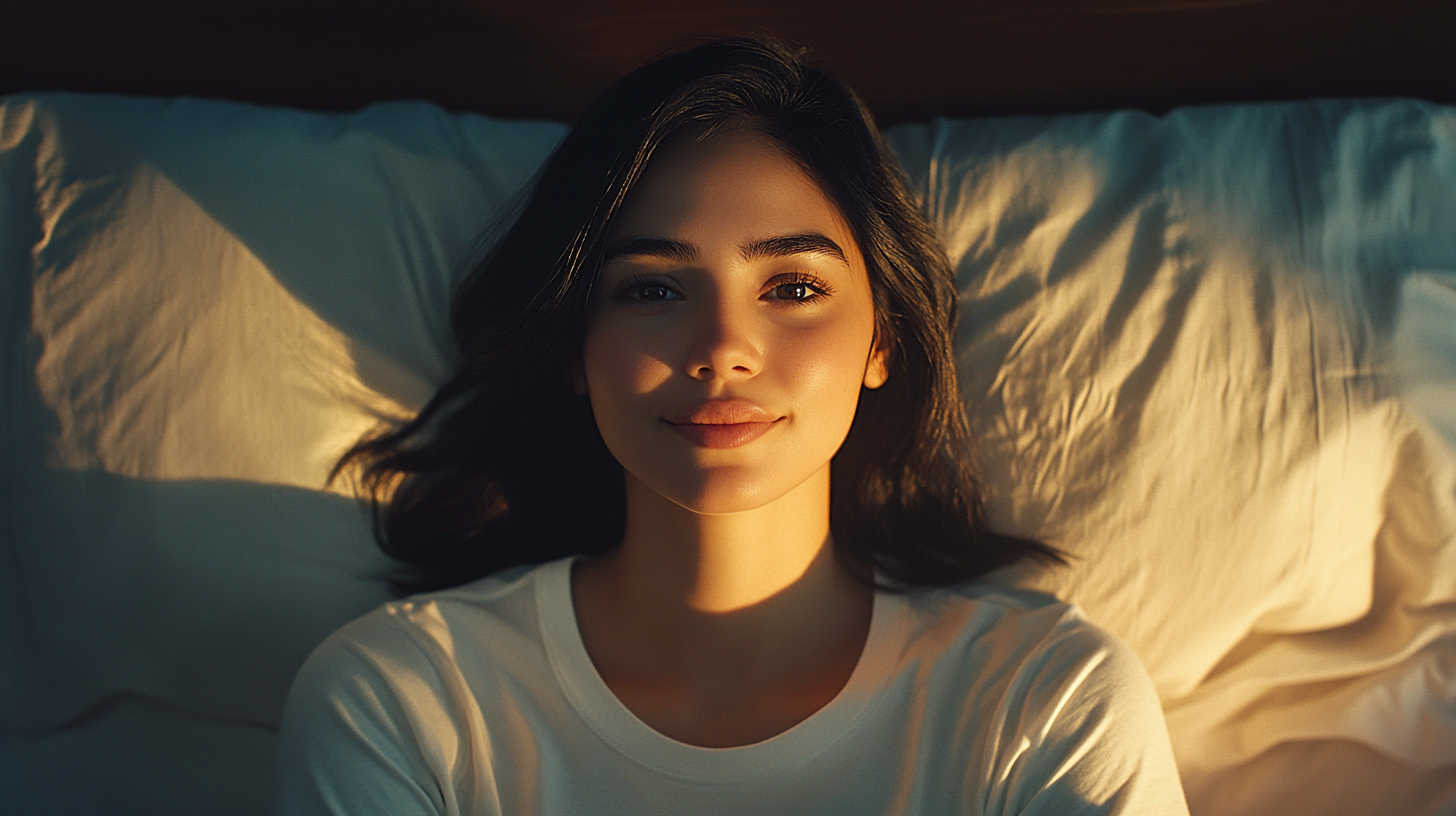 Hispanic woman sitting in bed smiling