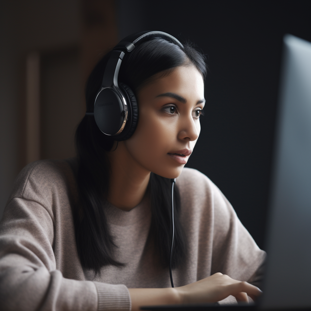 Hispanic woman using laptop with headset