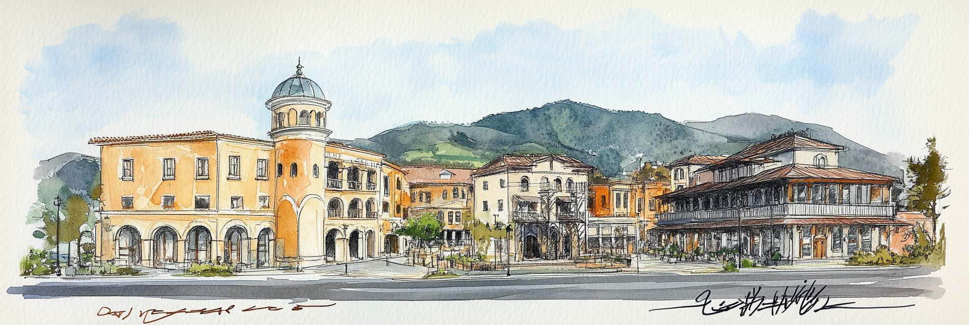 Historic Town Municipal Center Watercolor Image