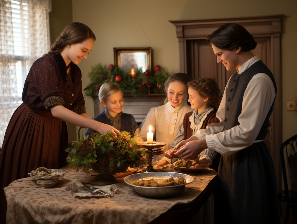 Family serving Thanksgiving dinner in historic home