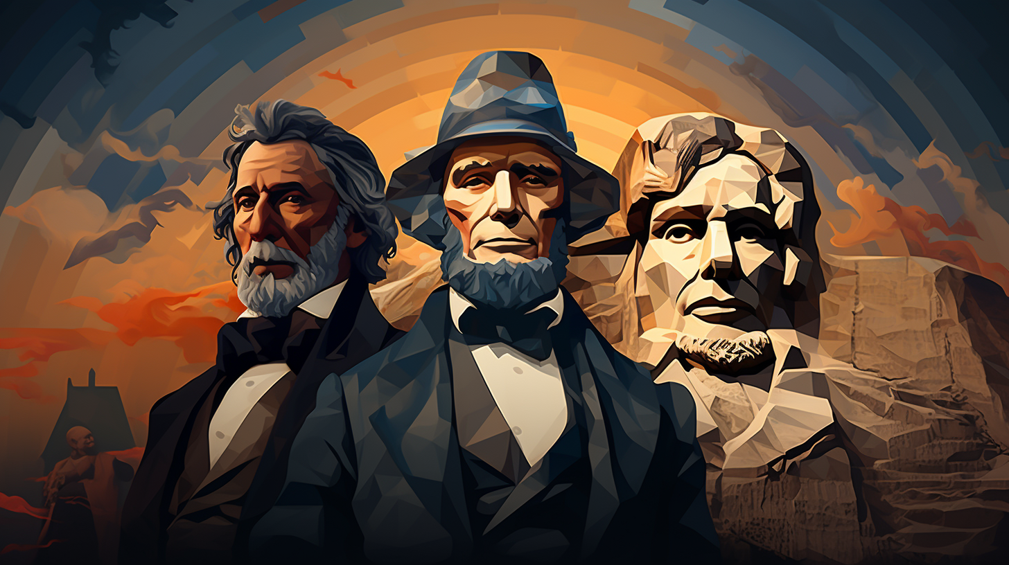 Image of historic world leaders with monuments stylized