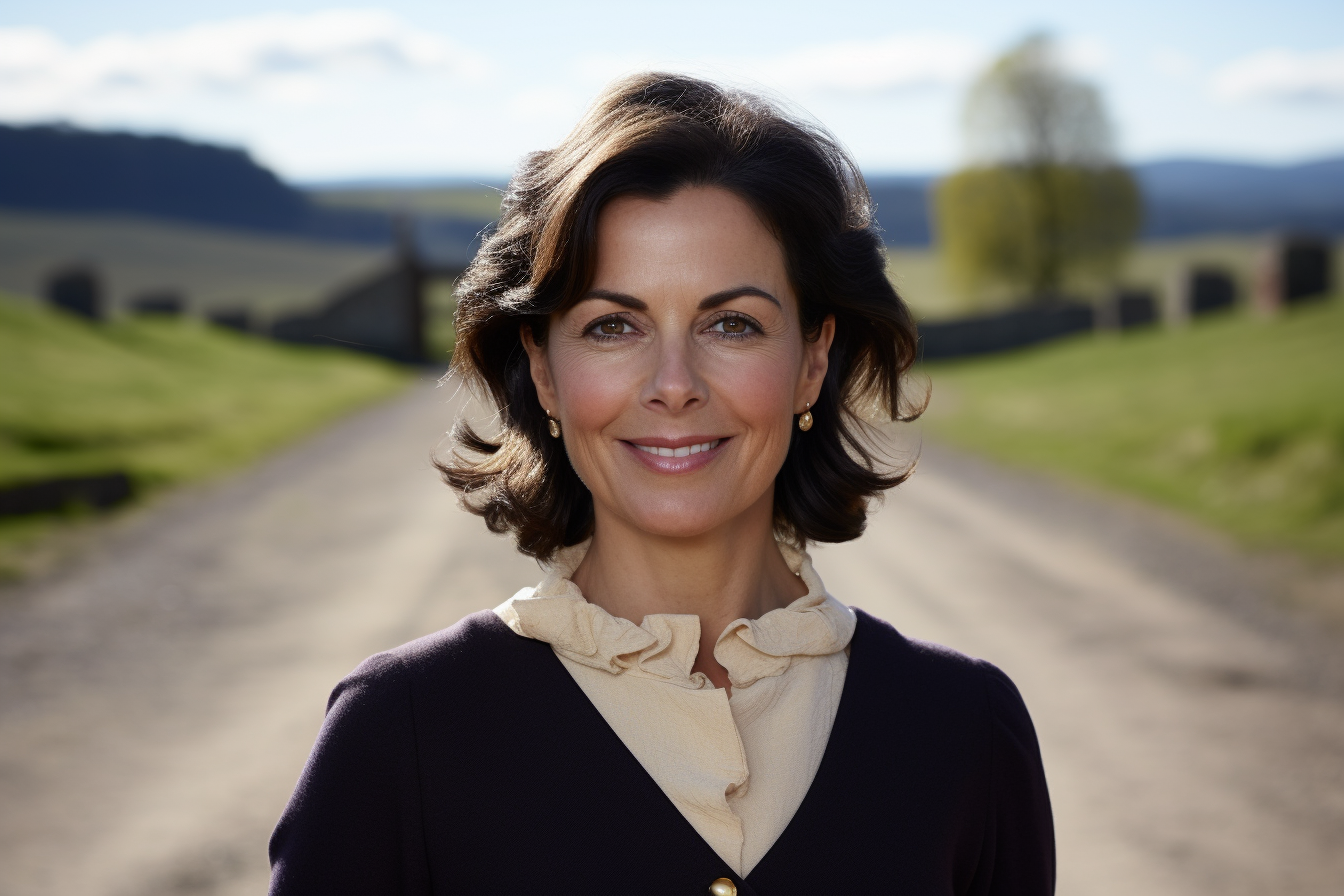 Elegant regency gentlewoman welcomes guests on gravel drive