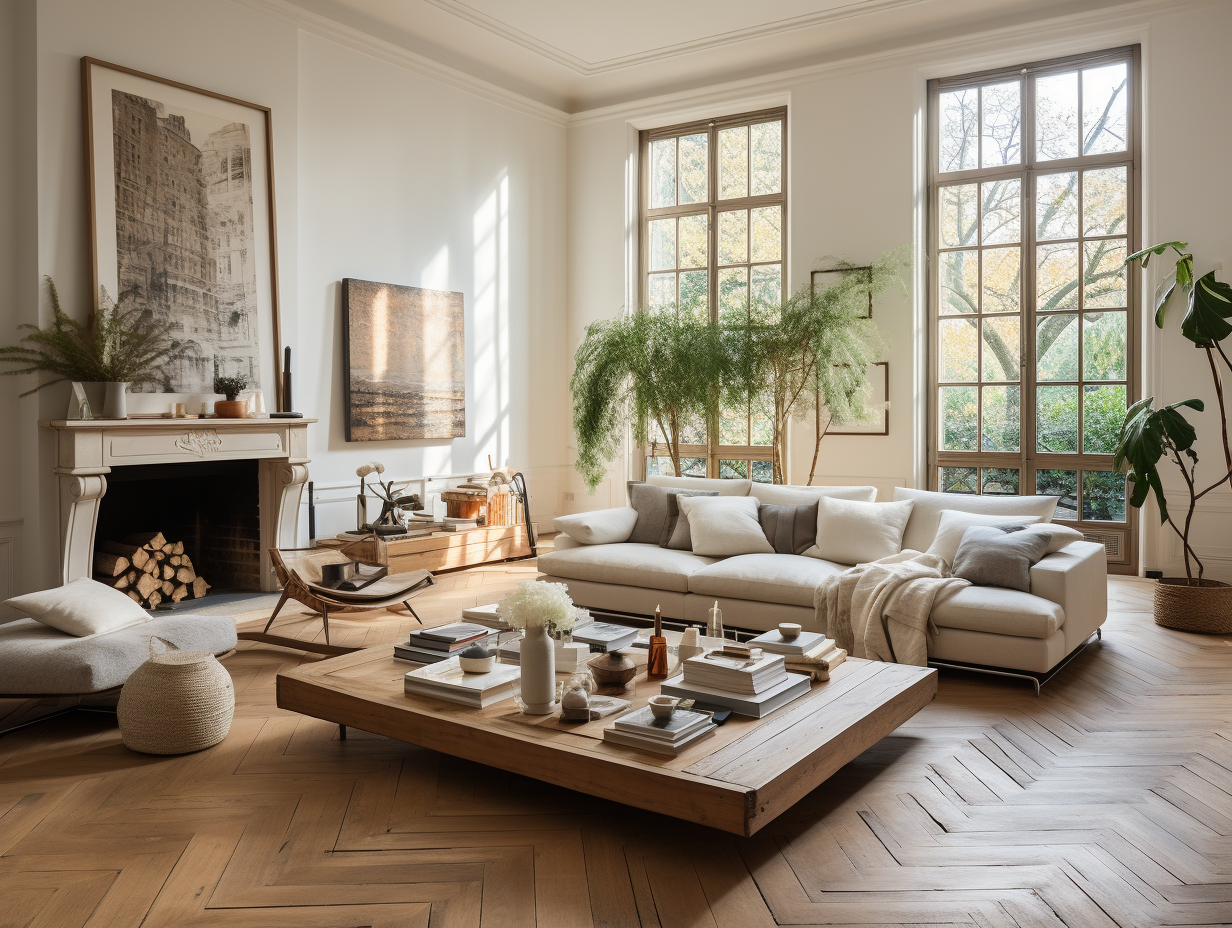 Modern and minimalist living room with parquet flooring