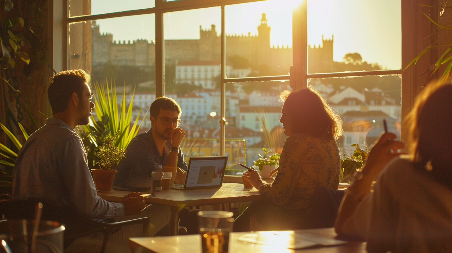 Diverse colleagues brainstorming in Lisbon