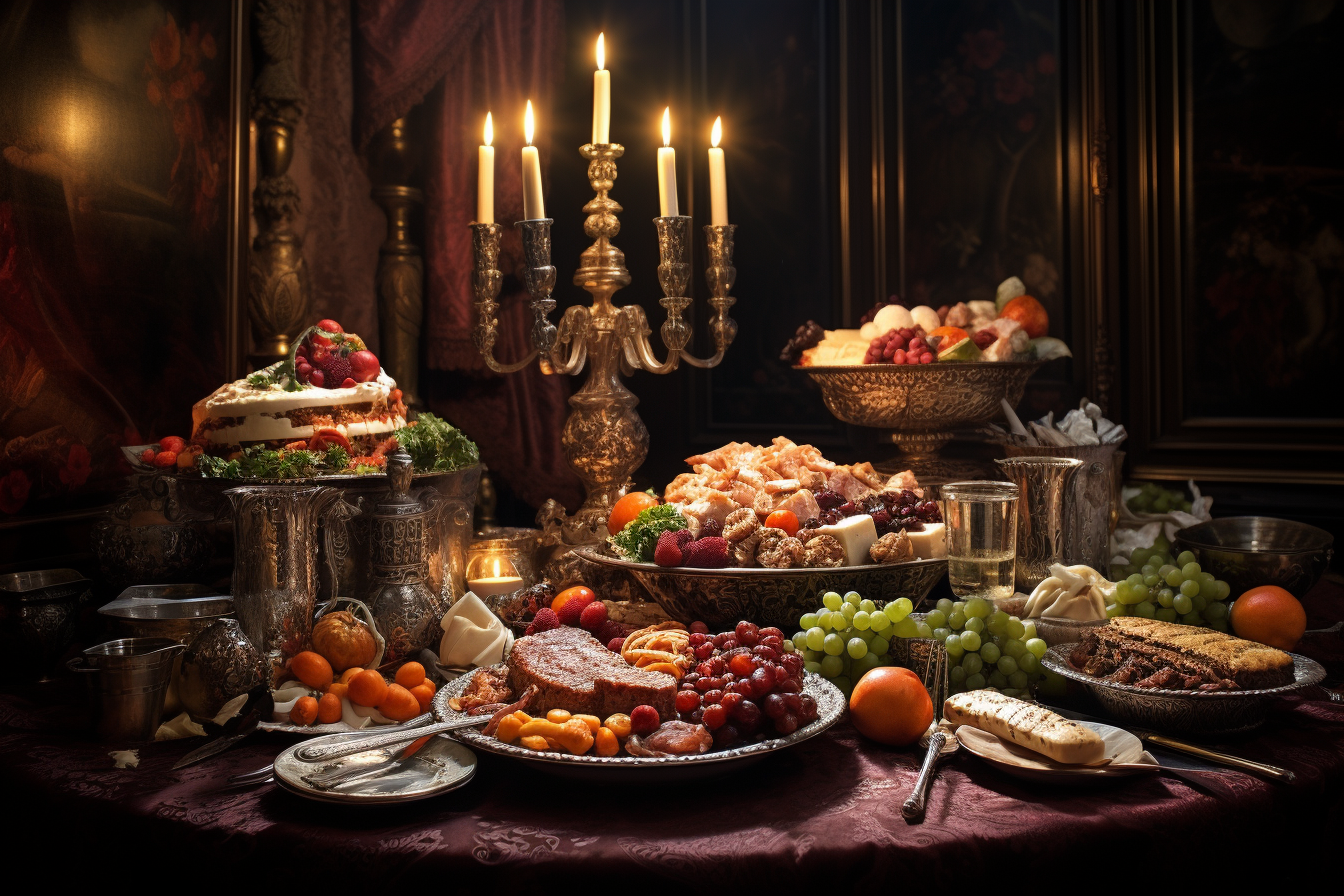 Historical supper table with meats and vegetables