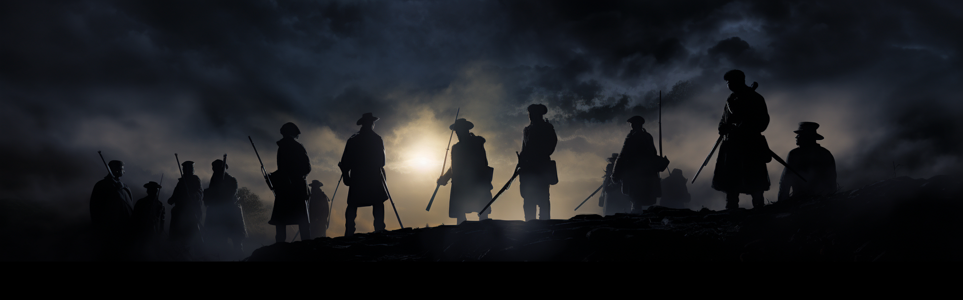 Silhouettes of laborers and soldiers in darkness