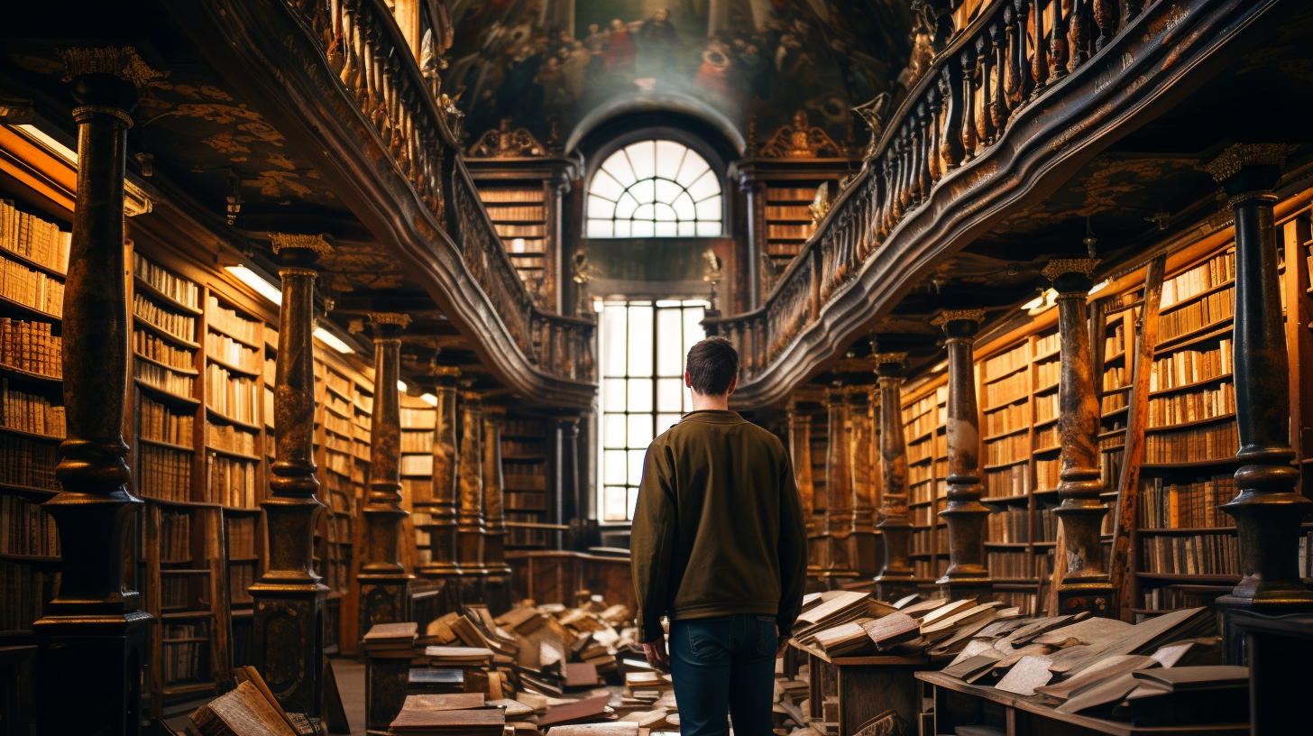 person reading history book in library