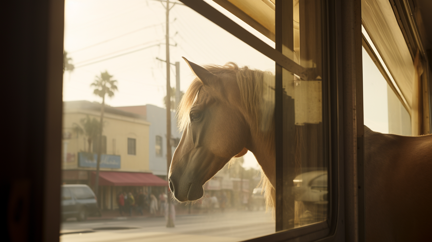 Two horses seen through hitching trailer windows