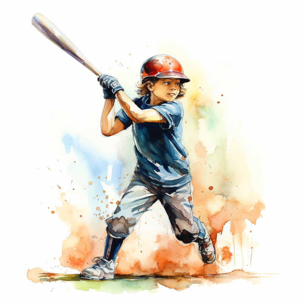 Kid hitting baseball in watercolor style