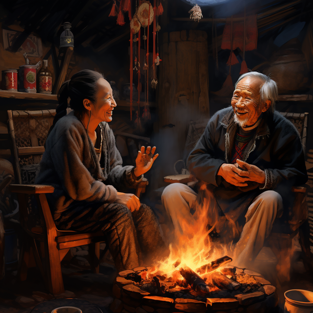 Hmong culture - Elderly couple around firepit