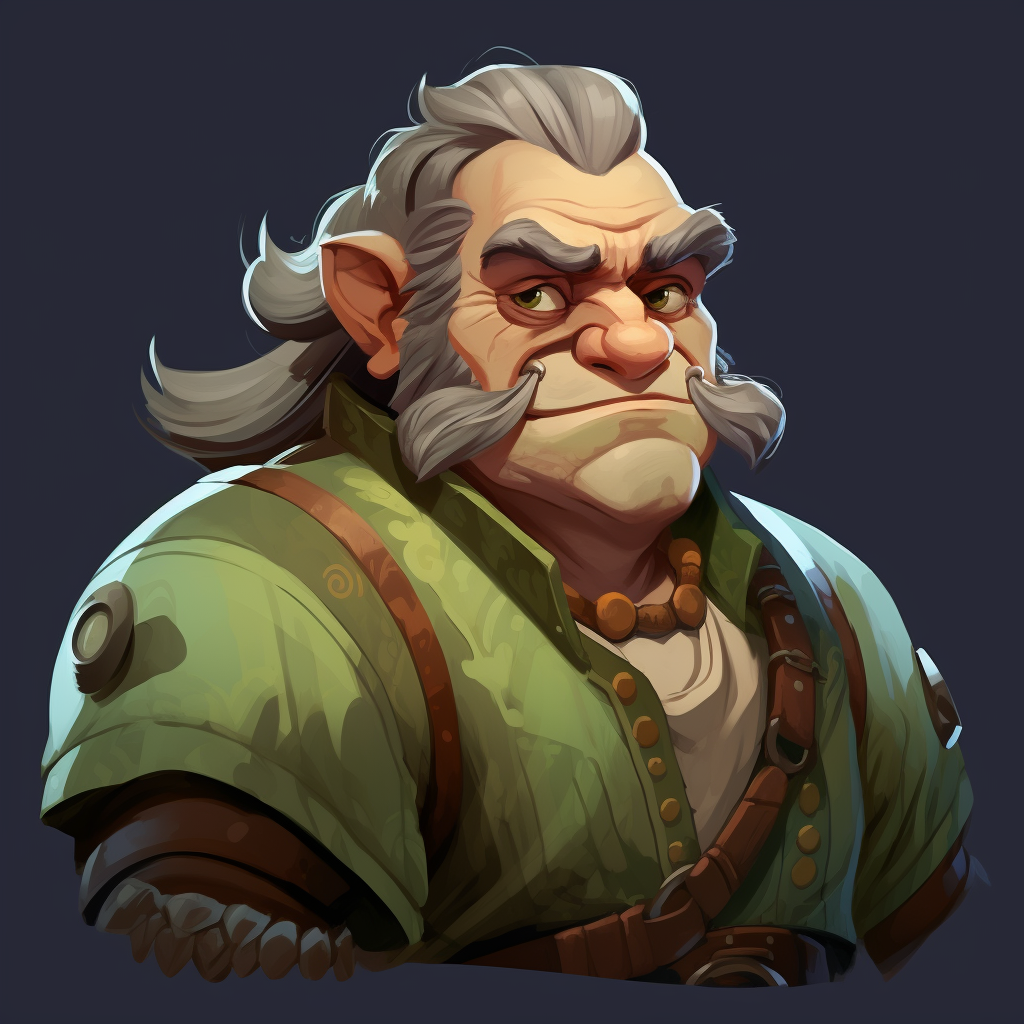 Hob wearing a green tunic with gray hair in a ponytail