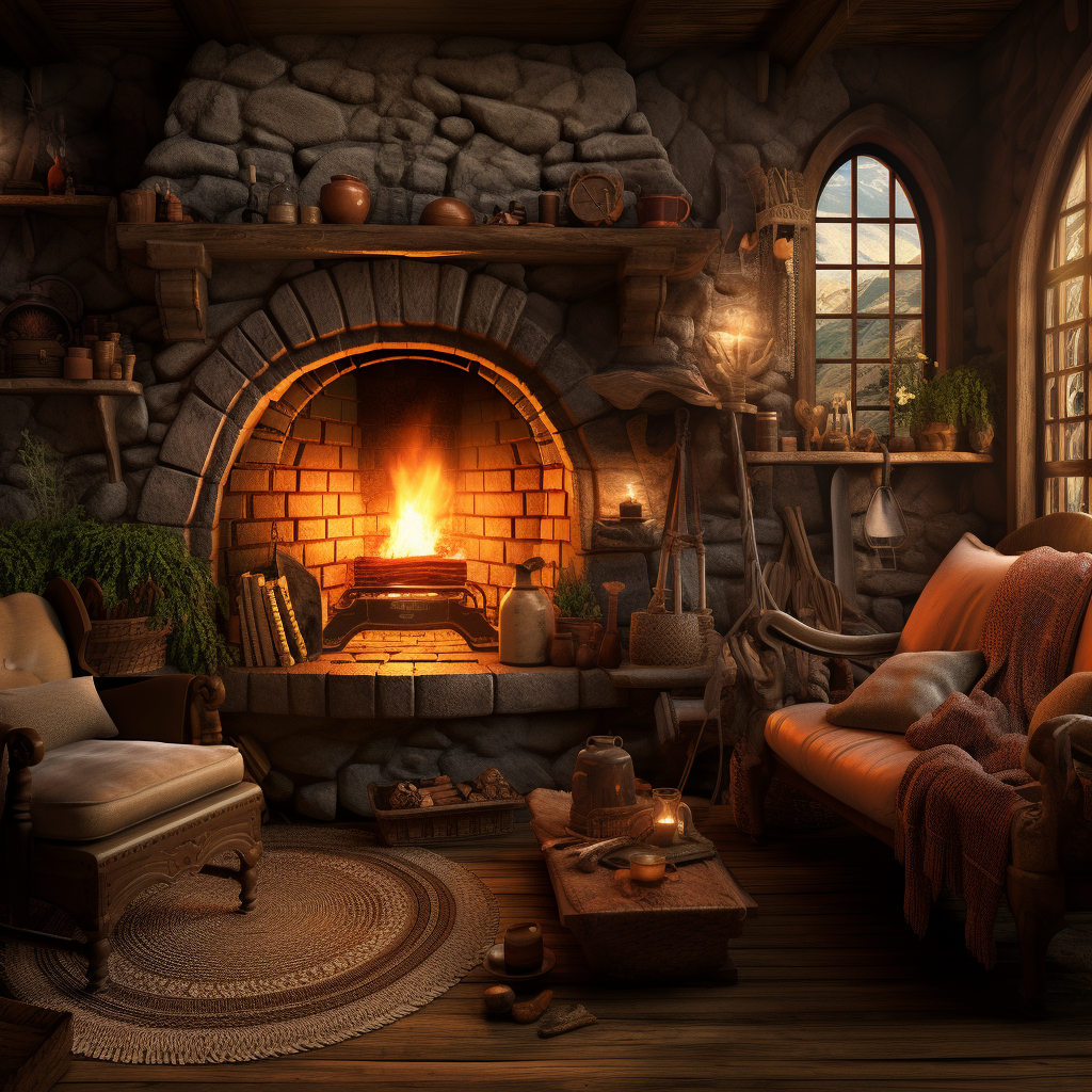 Cosy hobbit hole interior with burning fireplace