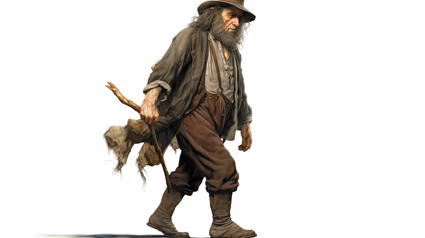 Middle-aged hobbit traveler with feather in cap