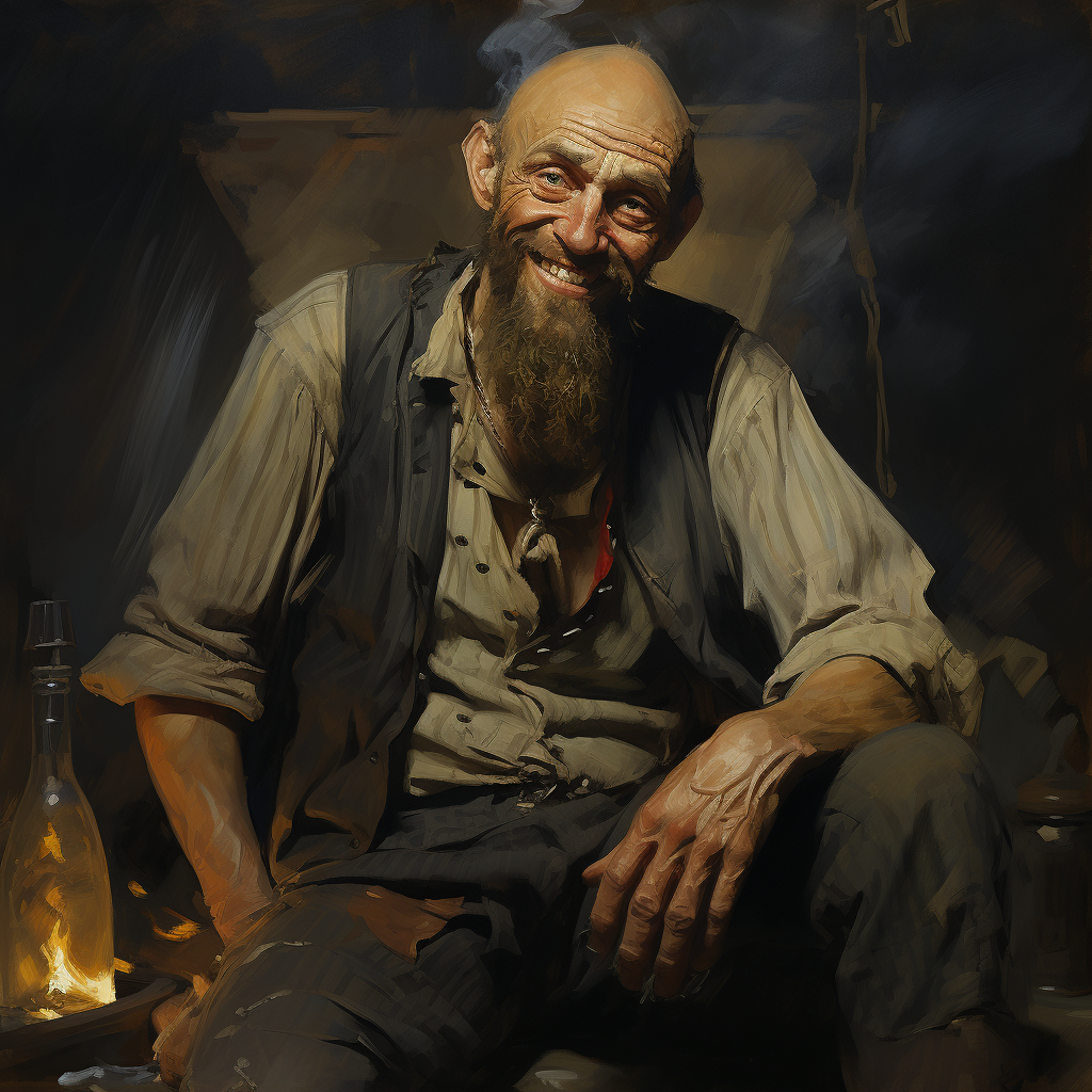 Bald hobo man holding dynamite in 1870 painting