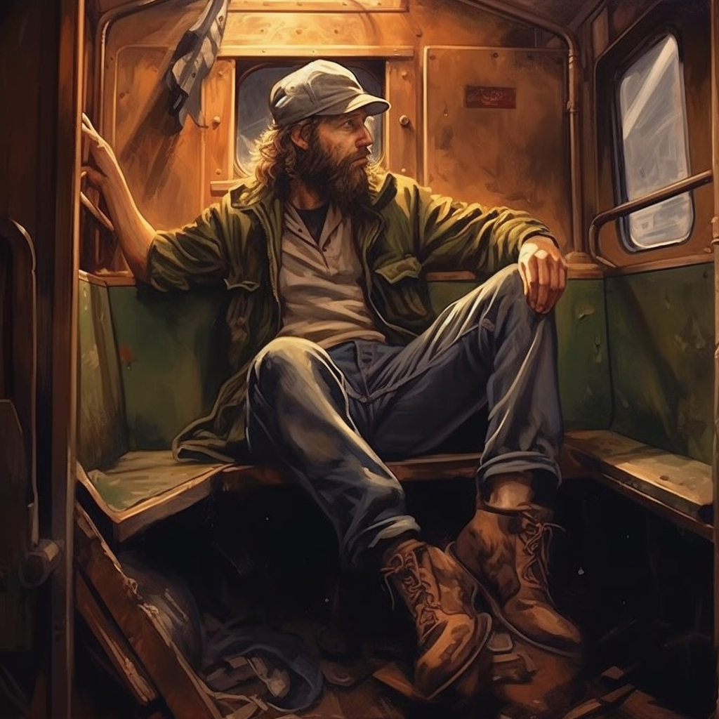 Hobo riding train with feet out